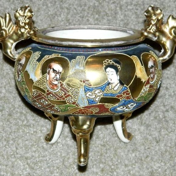 Antique Incense Burner Japan Satsuma Moriage Earthenware Foo Dog Hand Painted - Picture 14 of 16